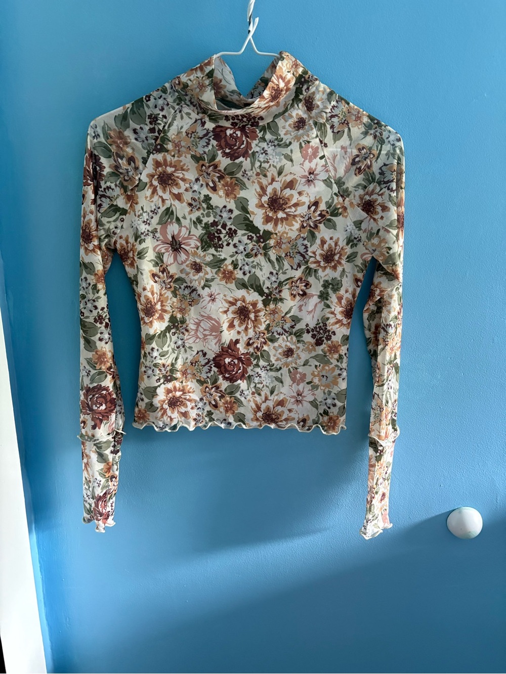 Promesa Floral Mock Neck Long Sleeve Top - Cream, Brown & Green